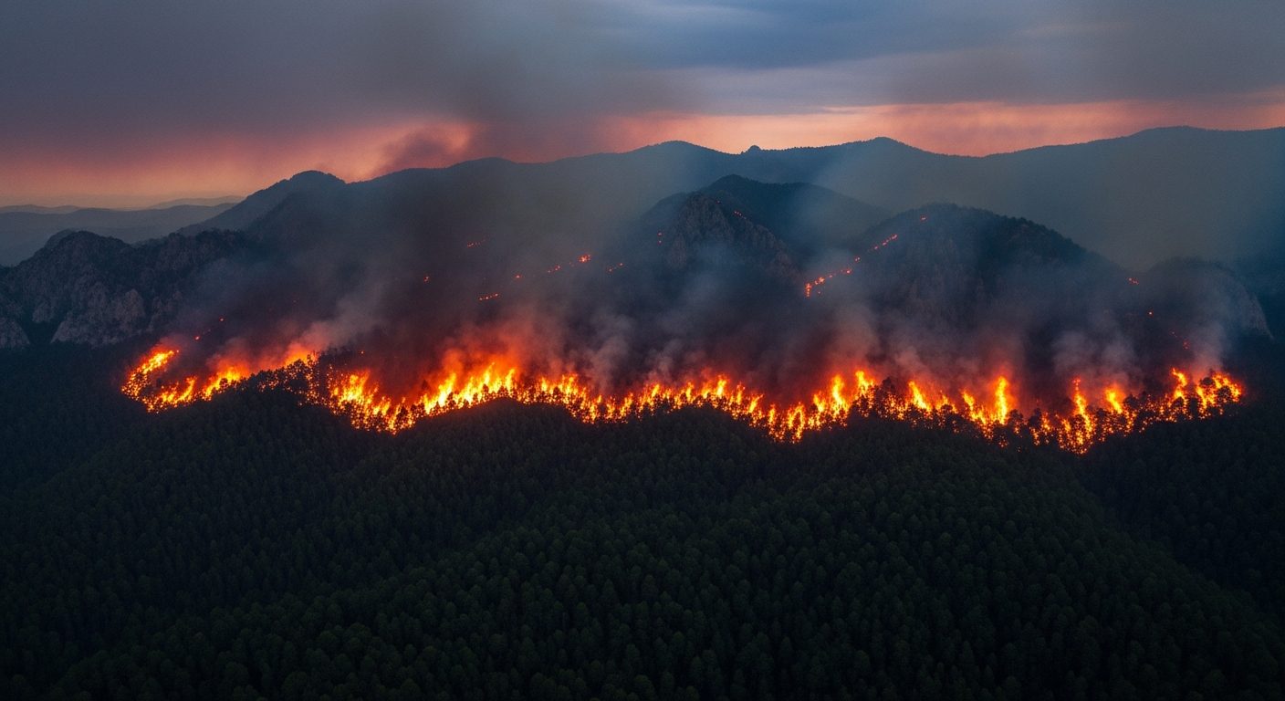 A wildfire burning across a forested mountain ridge at dusk
