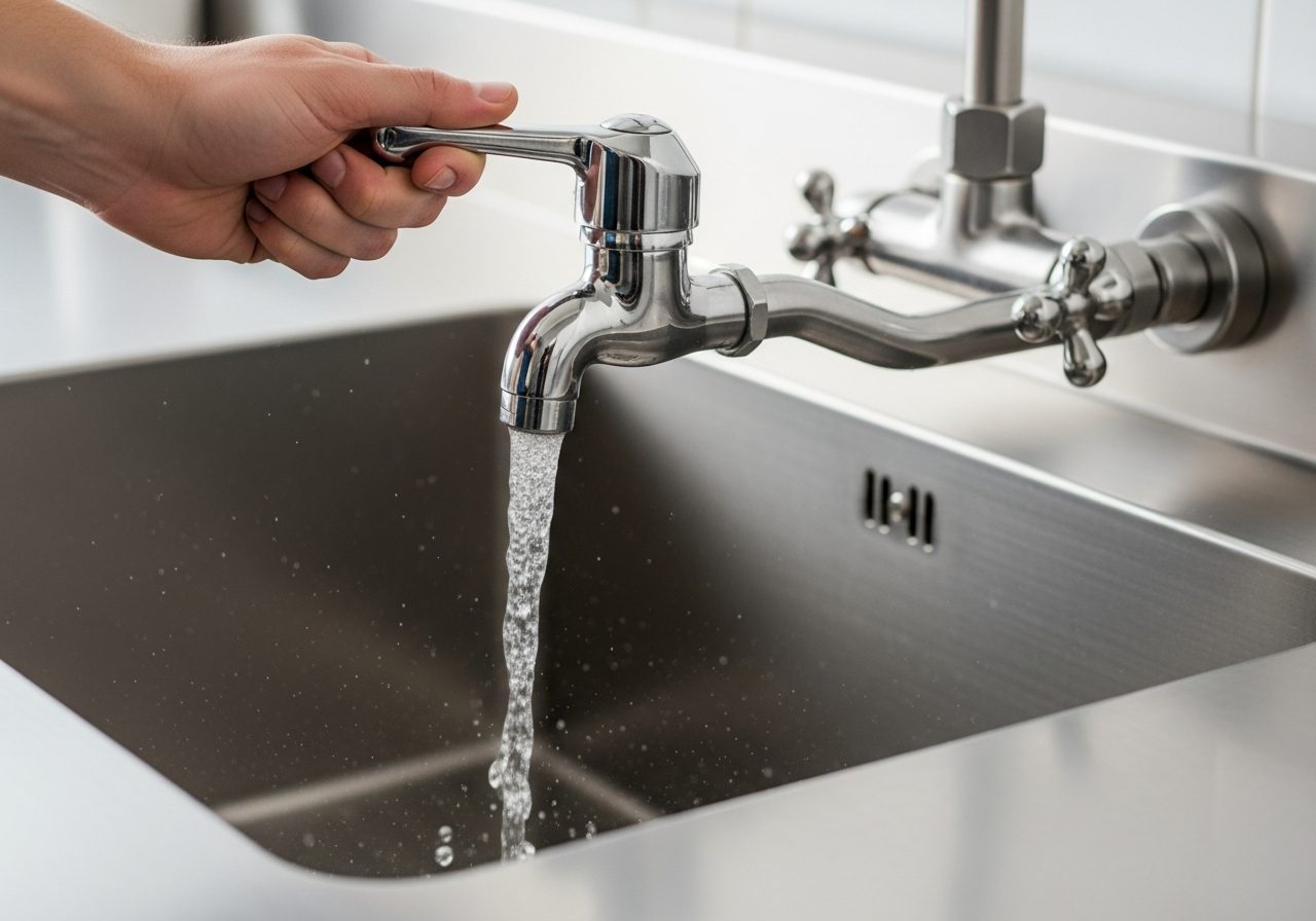 Running water from a stainless faucet on a Global Wildfire hand-wash station
